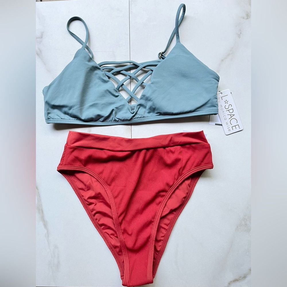 Nwt l*space Jamie blue top frenchie bottom bitsy high waist red